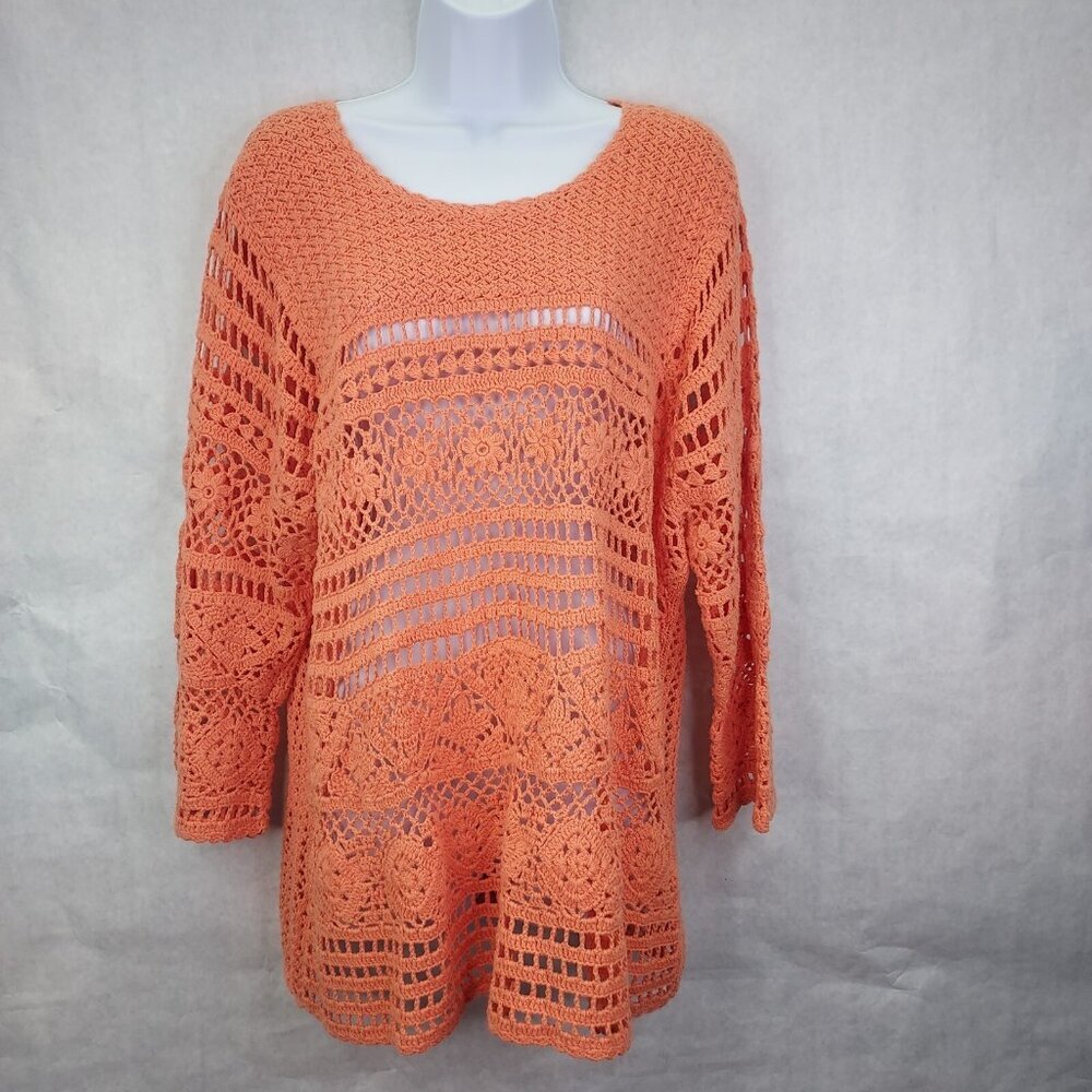 CB Est 1962 Tunic Women XL Orange Pullover Open Knit Crochet Long Sleeve CoverUp